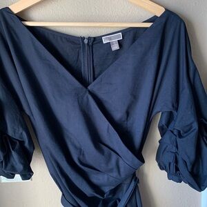 CHELSEA 28 Navy Blue Puff Sleeve Faux Wrap Dress with Belt